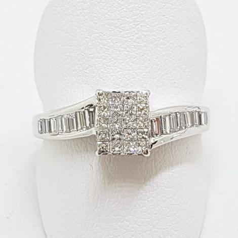 18ct White Gold Rectangular Channel & Claw Set Twist Diamond Engagement / Dress Ring - Baguette & Square
