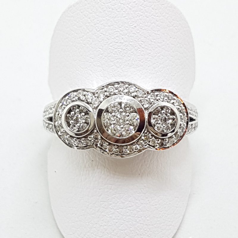 9ct White Gold Diamond Trilogy Cluster Ring - Art Deco Style
