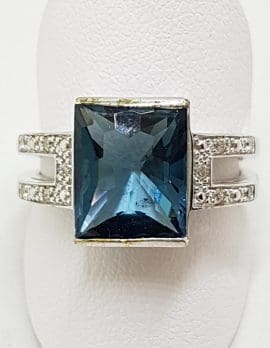 9ct White Gold Large Rectangular Blue with Diamond Ring