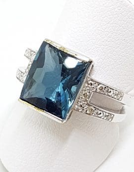 9ct White Gold Large Rectangular Blue with Diamond Ring
