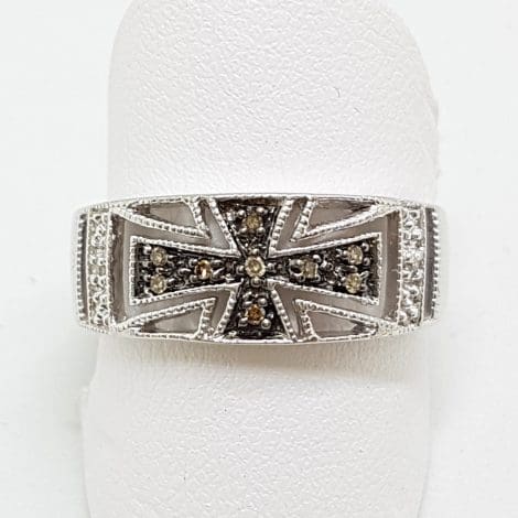 9ct White Gold Diamond (Dark & LIght) Wide Cross Design Band Ring