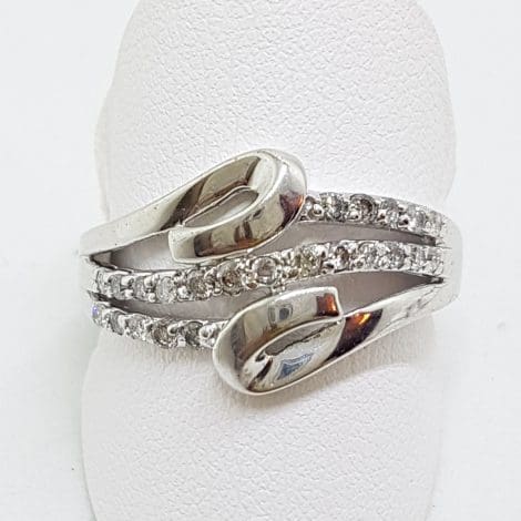9ct White Gold Diamond Wide Wavy Curved Twist Ring