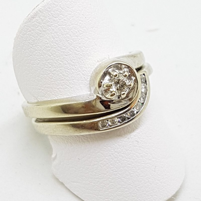 9ct White Gold Diamond Curved Engagement & Wedding Ring Set