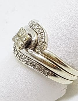 9ct White Gold Diamond Curved Engagement, Wedding & Eternity Three Ring Set