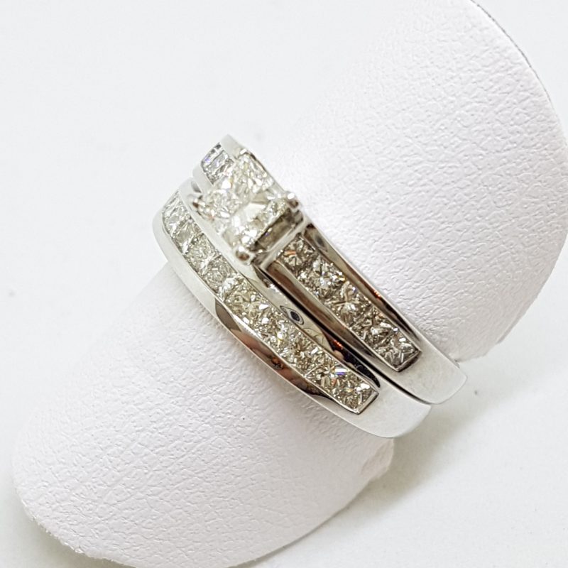 18ct White Gold Princess Cut Diamond Channel Set Engagement & Wedding Ring Set