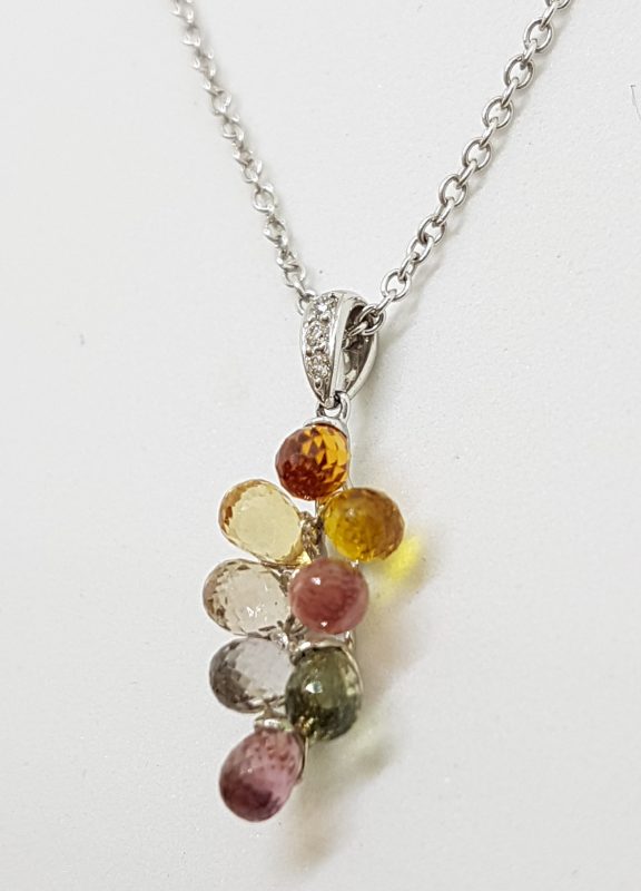 9ct White Gold Multi-Coloured Natural Sapphire and Diamond Grape Cluster Pendant on 9ct Chain