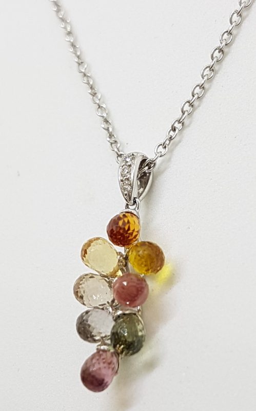 9ct White Gold Multi-Coloured Natural Sapphire and Diamond Grape Cluster Pendant on 9ct Chain