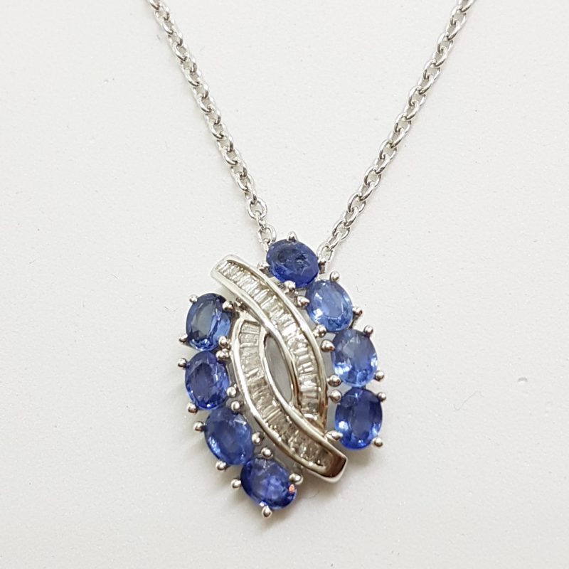 9ct White Gold Sapphire and Diamond Pendant on 9ct Chain