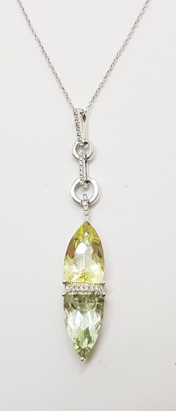 9ct White Gold Green Amethyst / Prasiolite , Citrine and Diamond Pendant on White Gold Chain