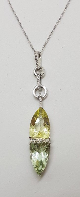 White Gold Green Amethyst, Citrine and Diamonds Pendant on White Gold Chain