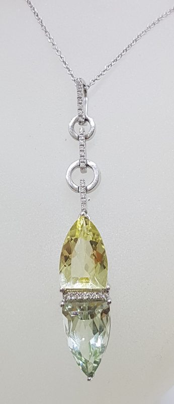 White Gold Green Amethyst, Citrine and Diamonds Pendant on White Gold Chain