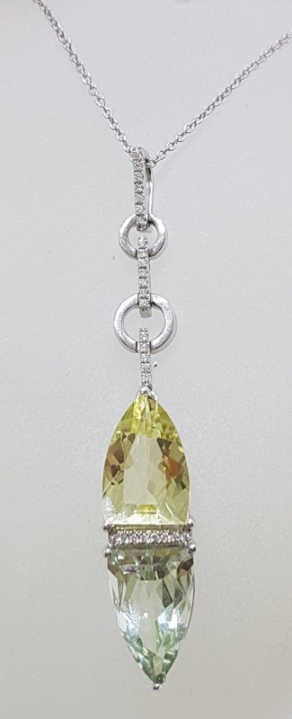 White Gold Green Amethyst, Citrine and Diamonds Pendant on White Gold Chain