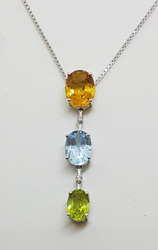 9ct White Gold Topaz, Citrine, Peridot and Diamond Pendant on 9ct Chain