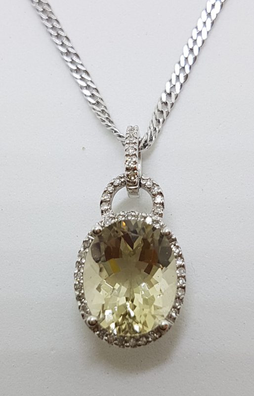 9ct White Gold Oval Lemon Citrine & Diamond Pendant on Gold Chain