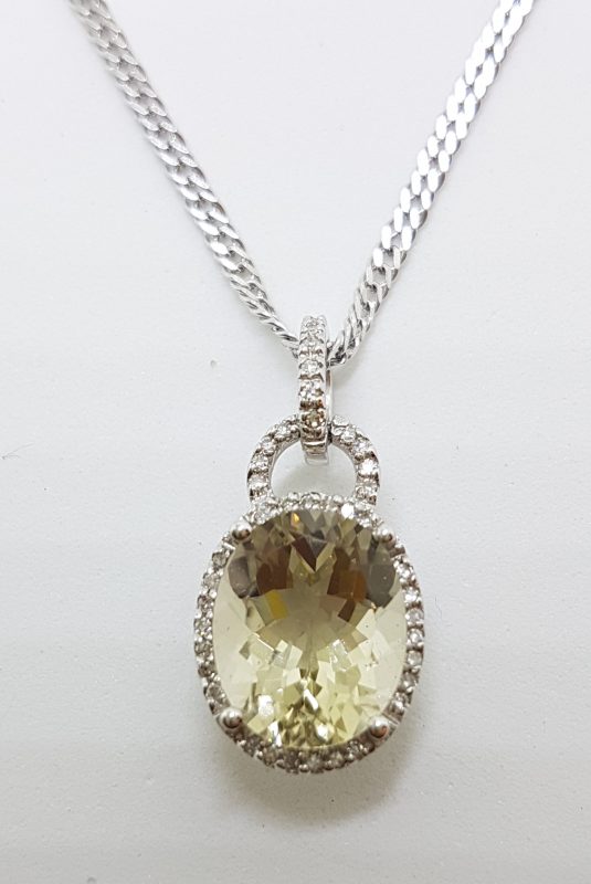 14ct White Gold Oval Lemon Citrine & Diamond Pendant on 9ct Gold Chain