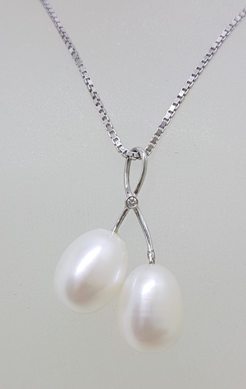 9ct White Gold Two Pearl & Diamond Twist Pendant on Gold Chain