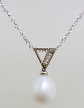 9ct White Gold Pearl & Channel Set Diamond Pendant on Gold Chain