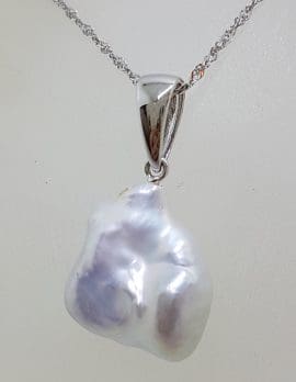 9ct White Gold Baroque Blister Pearl Pendant on Gold Chain