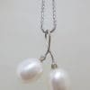 9ct White Gold Two Pearl & Diamond Twist Pendant on Gold Chain