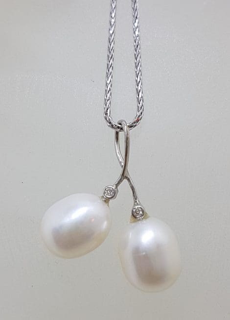 9ct White Gold Two Pearl & Diamond Twist Pendant on Gold Chain