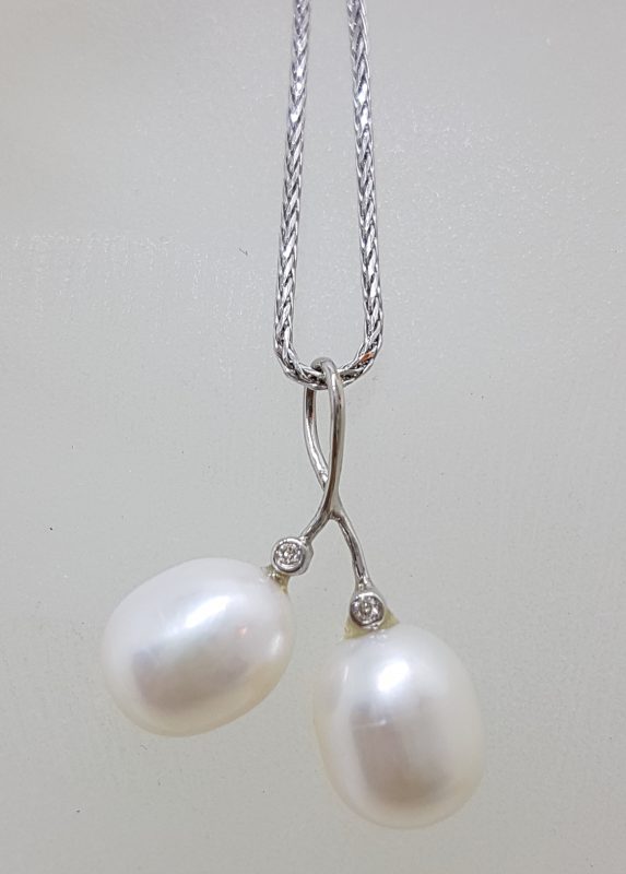 9ct White Gold Two Pearl & Diamond Twist Pendant on Gold Chain