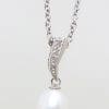 9ct White Gold Pearl & Diamond Curved Drop Pendant on Gold Chain