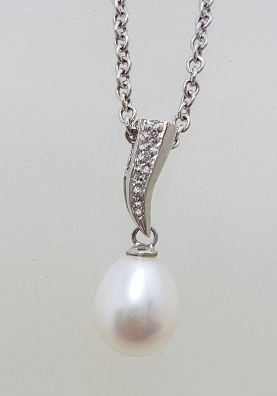 9ct White Gold Pearl & Diamond Curved Drop Pendant on Gold Chain