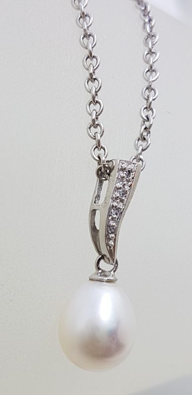 9ct White Gold Pearl & Diamond Curved Drop Pendant on Gold Chain