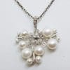 18ct White Gold Pearl & Diamond Large Cluster Ornate Floral & Butterfly Pendant on 14ct Gold Chain