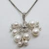 9ct White Gold Pearl & Diamond Large Cluster Ornate Floral & Butterfly Pendant on Gold Chain