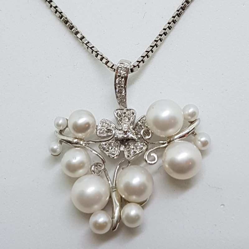 20200526_115641 9ct White Gold Pearl & Diamond Large Cluster Ornate Floral & Butterfly Pendant on Gold Chain