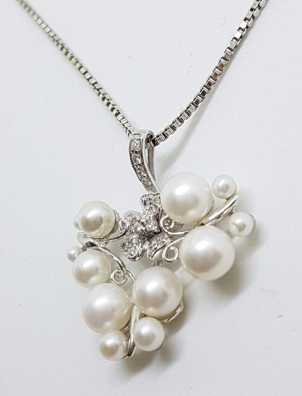 20200526_115708 9ct White Gold Pearl & Diamond Large Cluster Ornate Floral & Butterfly Pendant on Gold Chain