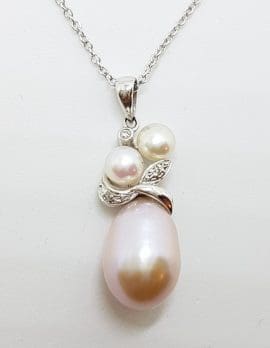 9ct White Gold Pink Pearl & Diamond Cluster Pendant on Gold Chain