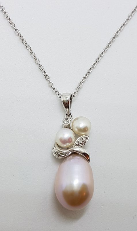 9ct White Gold Pink Pearl & Diamond Cluster Pendant on Gold Chain