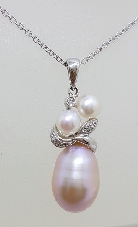 9ct White Gold Pink Pearl & Diamond Cluster Pendant on Gold Chain
