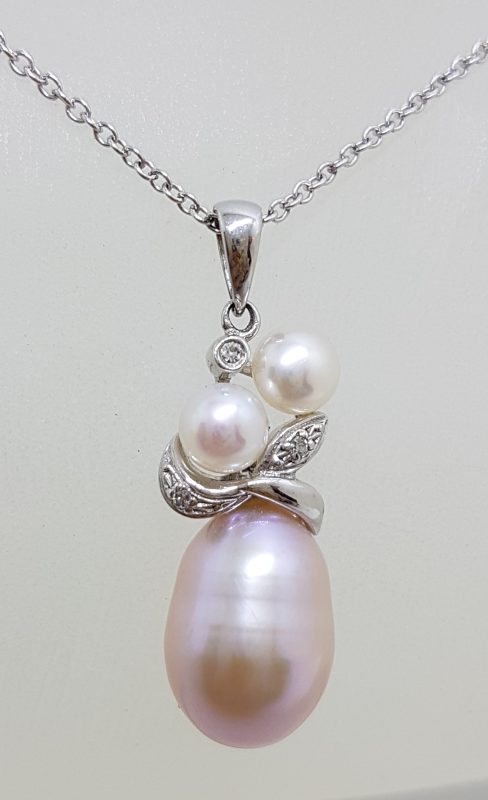 9ct White Gold Pink Pearl & Diamond Cluster Pendant on Gold Chain