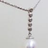9ct White Gold Pearl & Diamond Long Drop Pendant on Gold Chain