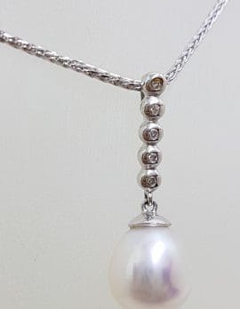 9ct White Gold Pearl & Diamond Long Drop Pendant on Gold Chain