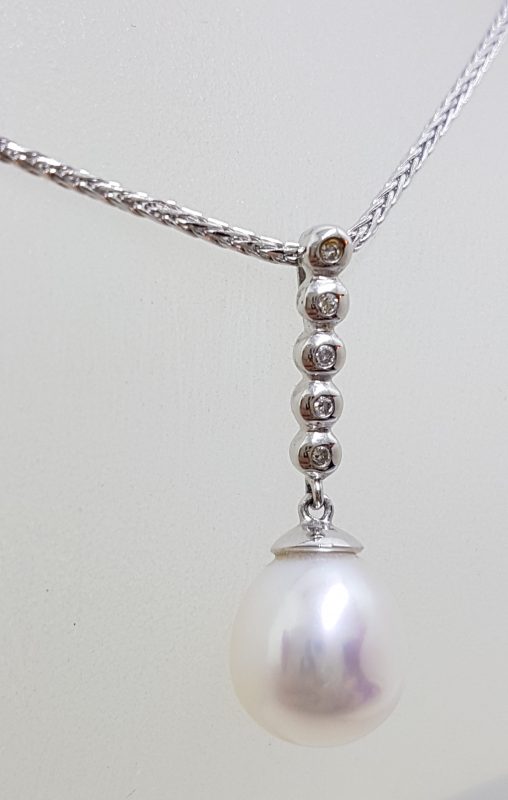 9ct White Gold Pearl & Diamond Long Drop Pendant on Gold Chain