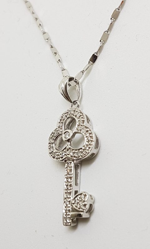 9ct White Gold Ornate Diamond Key Pendant on Gold Chain - 21st