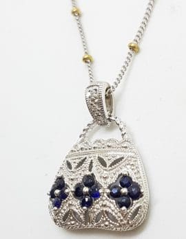 9ct White Gold Ornate Sapphire & Diamond Pendant on Gold Chain