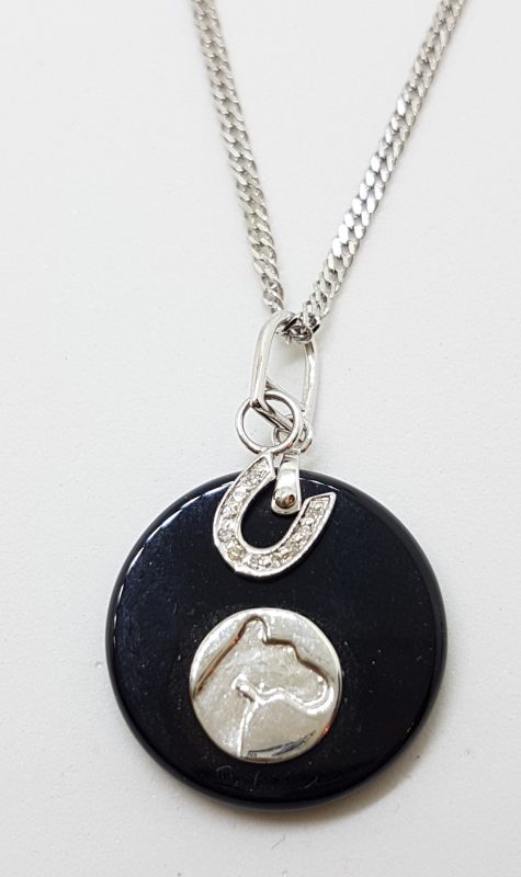 20200526_120049 9ct White Gold Black Onyx & Diamond Round Horse with Horseshoe Pendant on Gold Chain