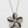 9ct White Gold Black Diamond & Clear Diamond Flower Pendant on Gold Chain