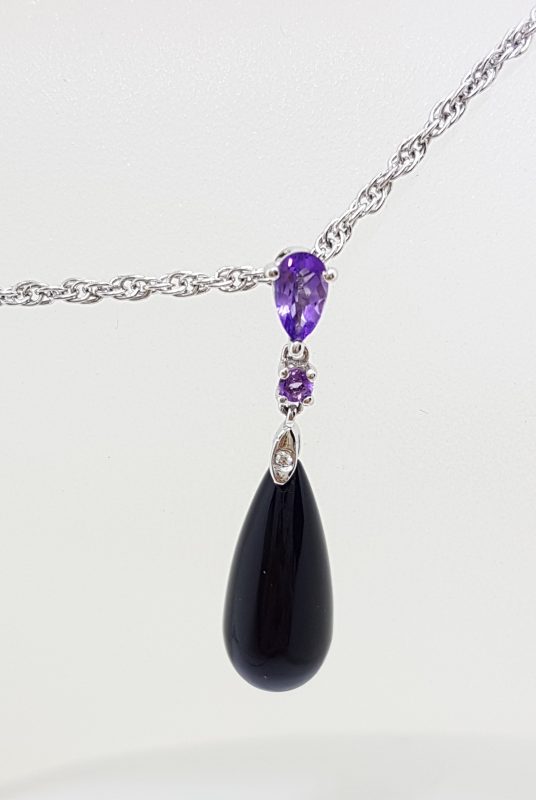 9ct White Gold Amethyst, Black Onyx & Diamond Long Drop Pendant on Gold Chain