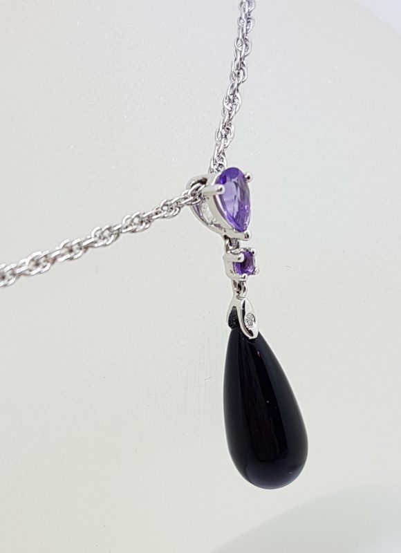 20200526_131405 9ct White Gold Amethyst, Black Onyx & Diamond Long Drop Pendant on Gold Chain