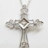 9ct White & Ornate Filigree Large Diamond Cross/Crucifix Pendant on Gold Chain