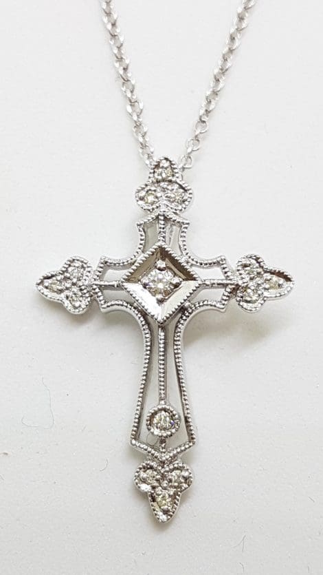 9ct White & Ornate Filigree Large Diamond Cross/Crucifix Pendant on Gold Chain