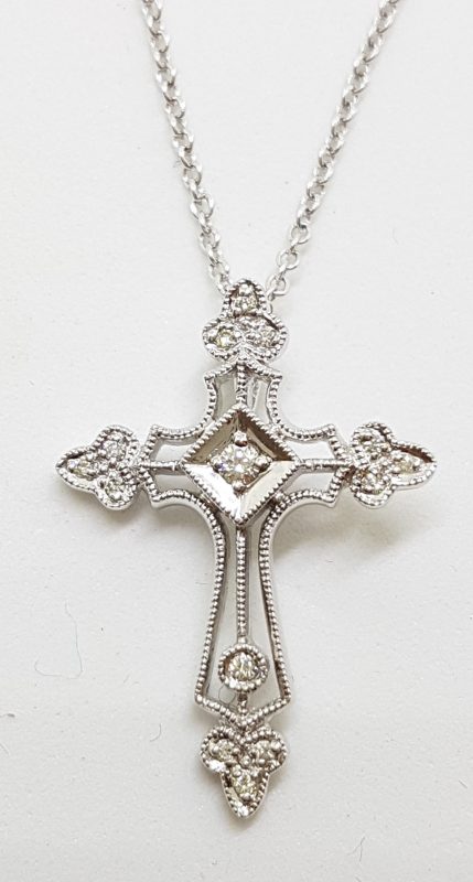 9ct White & Ornate Filigree Large Diamond Cross/Crucifix Pendant on Gold Chain