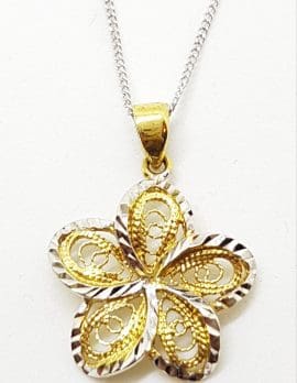 9ct White & Yellow Gold Ornate Filigree Flower Pendant on Gold Chain