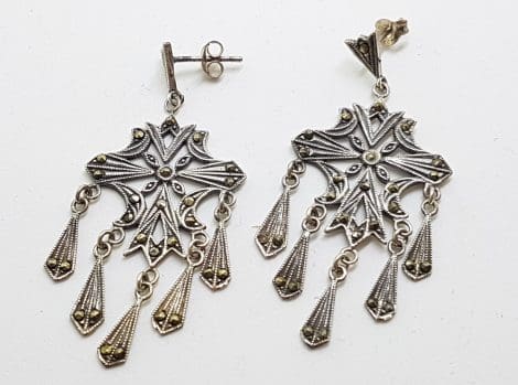 Sterling Silver Marcasite Large Ornate Drop Earrings